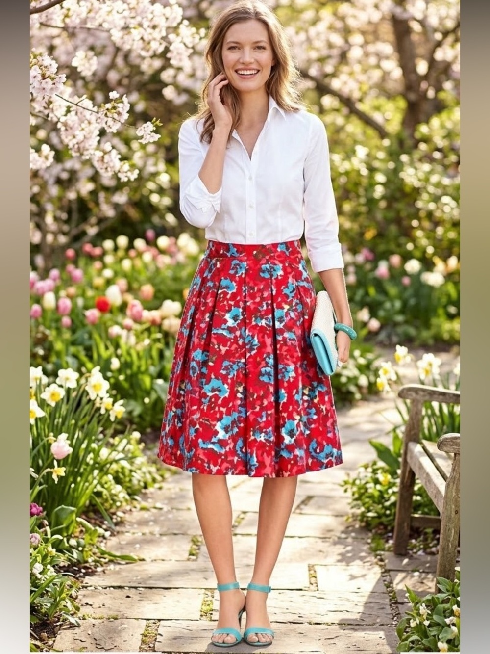 Talbots Floral Red Blue Pleated A-line Flare Skirt Blue Accent, Women’s Sz 4P
